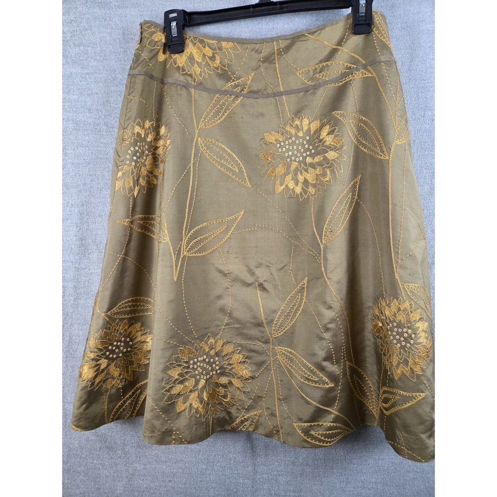 Liz Claiborne 100% Silk‎ Lined Skirt Size 10 Gold Sunflowers A Line Flare Career